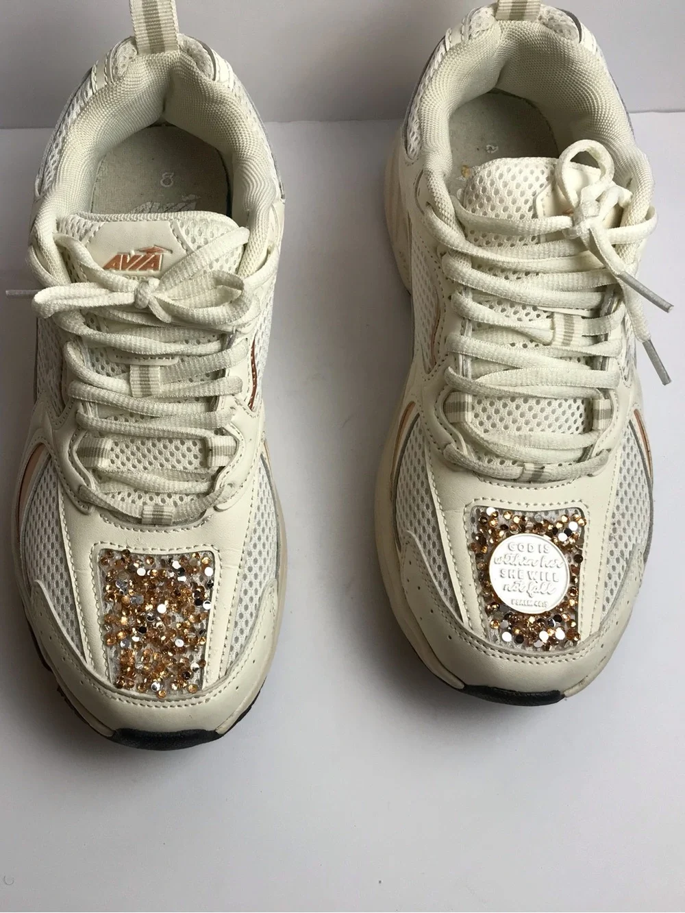 Avia Cream Lace-Up Platform Sneakers with Gold Crystal Accents
